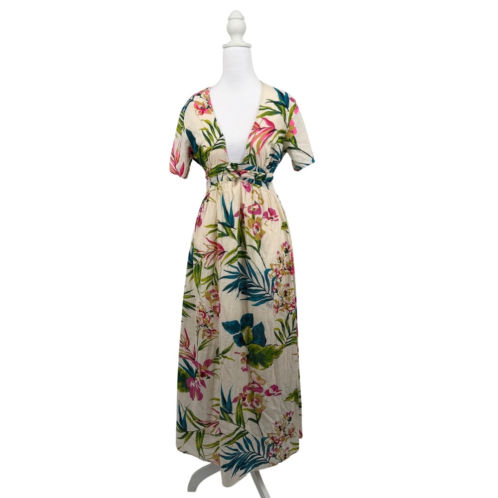 Billabong Tropical Floral Maxi Dress Open Back Cotton Large Vacation Resortwear